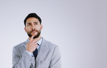 Businessman, face and thinking on mockup for idea, solution or planning against a gray studio...