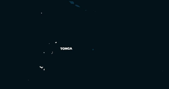 World Map Zoom In To Tonga. Animation in 4K Video. White Tonga Territory On Dark Blue World Map