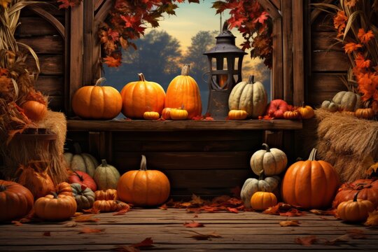 Generative AI image of some pumpkins and autumn leaves are arranged on a wooden background