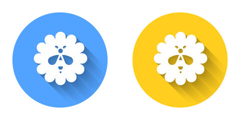 White Bee on flower icon isolated with long shadow background. Sweet natural food. Honeybee or apis with wings symbol. Flying insect. Circle button. Vector
