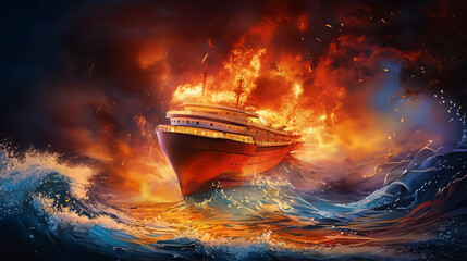 Passenger ocean liner ship engulfed in fire on high seas amidst turbulent waves, tragic and dramatic maritime incident, unpredictable and formidable power of sea, fire on cruise ship
