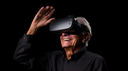 elderly man exploring virtual reality with VR headset