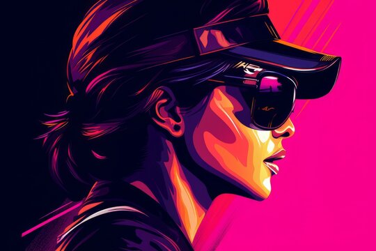 Generative AI image of Synthwave / Electronic - solo woman, cricket player, women's cricket, vector