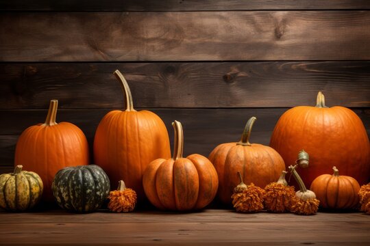 Generative AI image of thanksgiving pumpkins against a wooden background, in the style of large scale, weathercore, expansive