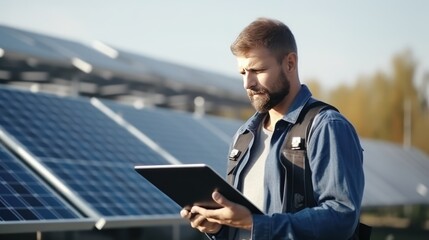 Engineer with tablet to inspect and maintain solar panels solar energy digital technology - obrazy, fototapety, plakaty