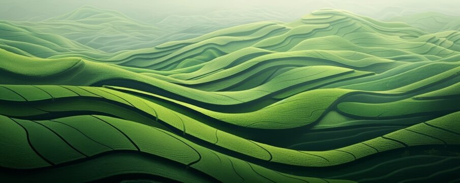 Generative AI image of the landscape has a wavy feature, in the style of photorealistic compositions, orderly symmetry, light green and green, flickr, layered and textured surfaces, dramatic diagonals