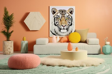A vibrant, pastel-hued living room comes to life with an eccentric mix of indoor design elements, highlighted by a fierce painting of a tiger adorning the wall above a plush couch