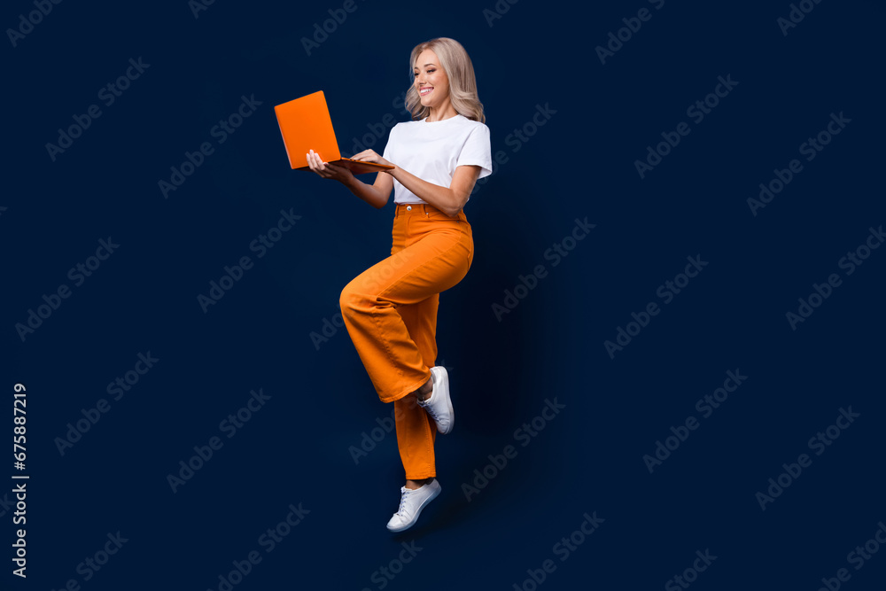 Poster full length photo of lovely pretty girl wear stylish orange clothes write send letter isolated on da