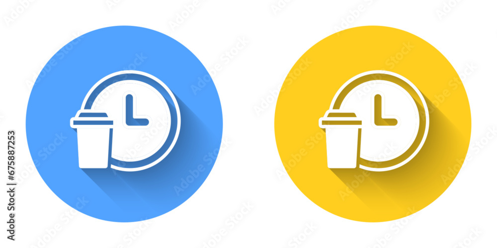 Poster white round the clock delivery icon isolated with long shadow background. circle button. vector