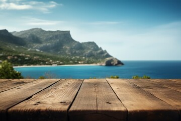 Generative AI image of a wooden table with mountain views on the sea topography, in the style of low-angle, brown and azure, transavanguardia