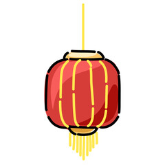 single Chinese Red holiday lanterns, festive pendant lamps, Traditional oriental decor with Asian decorations, strings, tassels. Isolated flat vector illustrations 