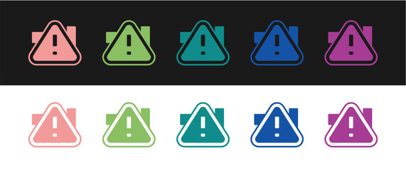 Set Exclamation mark in triangle icon isolated on black and white background. Hazard warning sign, careful, attention, danger warning important. Vector