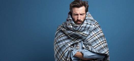 portrait of a man sick wrapped in blanket against flat color background - obrazy, fototapety, plakaty