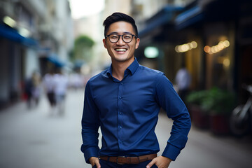 portrait of an asian business man with glasses on bokeh background - obrazy, fototapety, plakaty