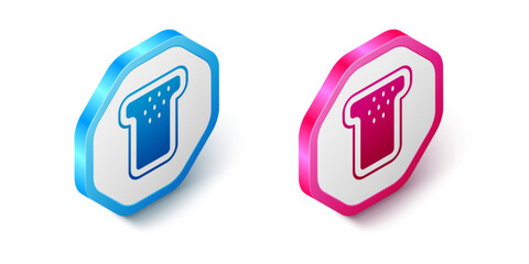 Fototapeta premium Isometric Bread toast for sandwich piece of roasted crouton icon isolated on white background. Lunch, dinner, breakfast snack. Hexagon button. Vector