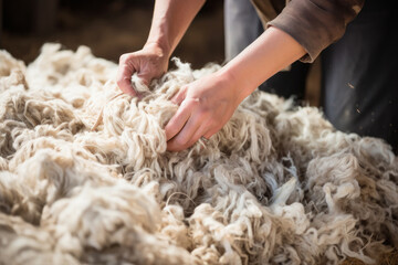 Indian man separating wool from sheep after removing it - obrazy, fototapety, plakaty