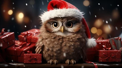 Fototapeten cute owl in santa hat on christmas © davello