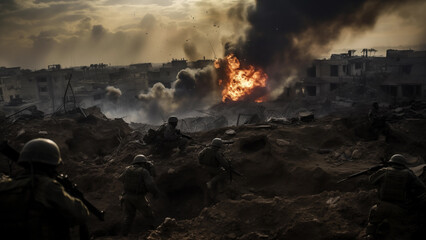 Soldiers fighting to protect their homeland amidst the flames of bombing - obrazy, fototapety, plakaty