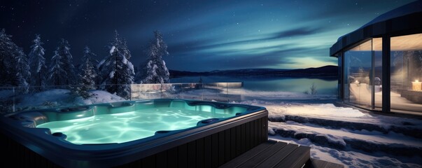 luxury hot tub outdoor in snowy winter landscape at night