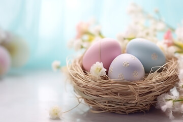 Colorful Easter eggs in basket background
