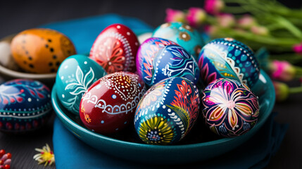Fototapeta na wymiar Colorful decorated handmade Easter eggs background