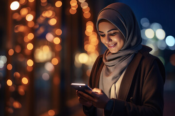 Young woman in hijab using smartphone at home - obrazy, fototapety, plakaty