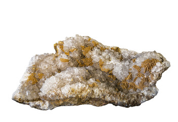 Crystal concretion with crystals of rock crystal and calcite on a white background isolated