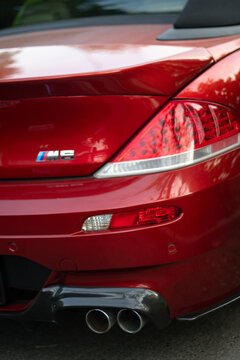 BMW M6 sign close up, car background copy space image