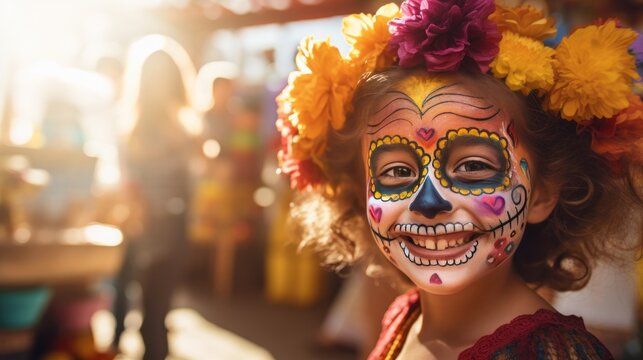 Happy child with colorful skull face celebrating Day of the Dead