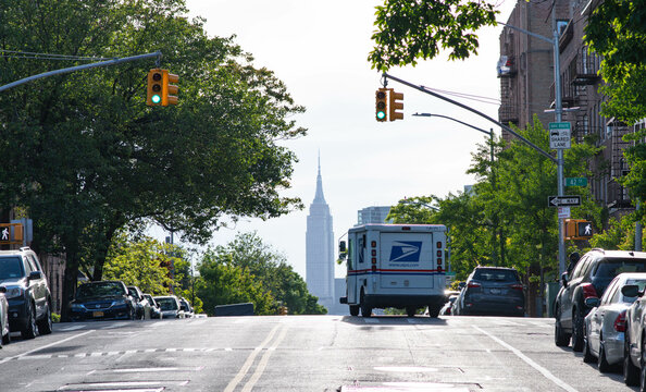 US post office truck NYC selective focus background image