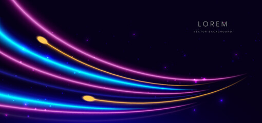 Fototapeta na wymiar Abstract technology futuristic glowing neon blue and pink curved light lines with speed motion moving on dark blue background.
