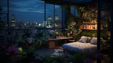 Obraz premium An ethereal rooftop garden office space with bioluminescent flora and fauna.
