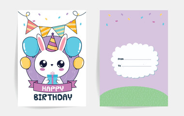 Cute Birthday inviting card with cute little cat and bear seamless pattern with Birthday gifts, birthday decors. Printable A5 size invitation.