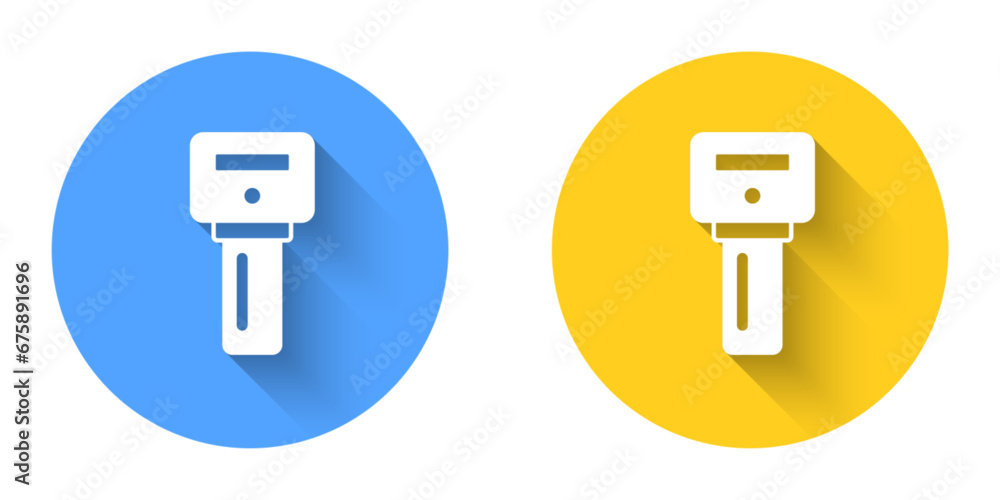 Poster white car key with remote icon isolated with long shadow background. car key and alarm system. circl