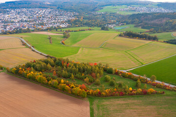 Aerial view of the colorful autumn landscape in the evening near Taunusstein/Germany