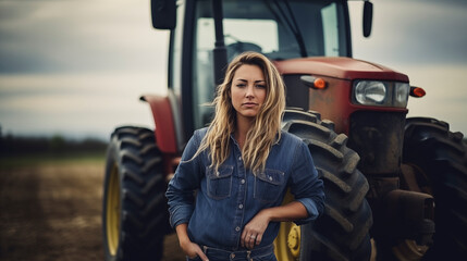 
Young woman farmer posing near a tractor