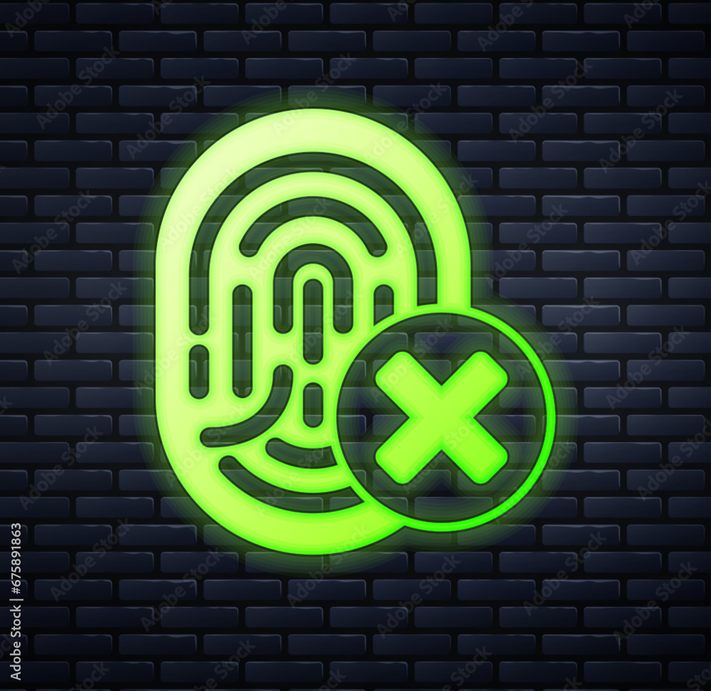 Poster glowing neon cancelled fingerprint icon isolated on brick wall background. access denied for user co
