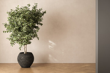 Fototapeta premium Room interior empty space background mock up, sunlight and shadows room walls, cozy summer warm room with sunlight and leafs shadows and wooden blank parquet floor, plant.