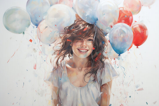 Smiling woman with a mix of colorful and white balloons