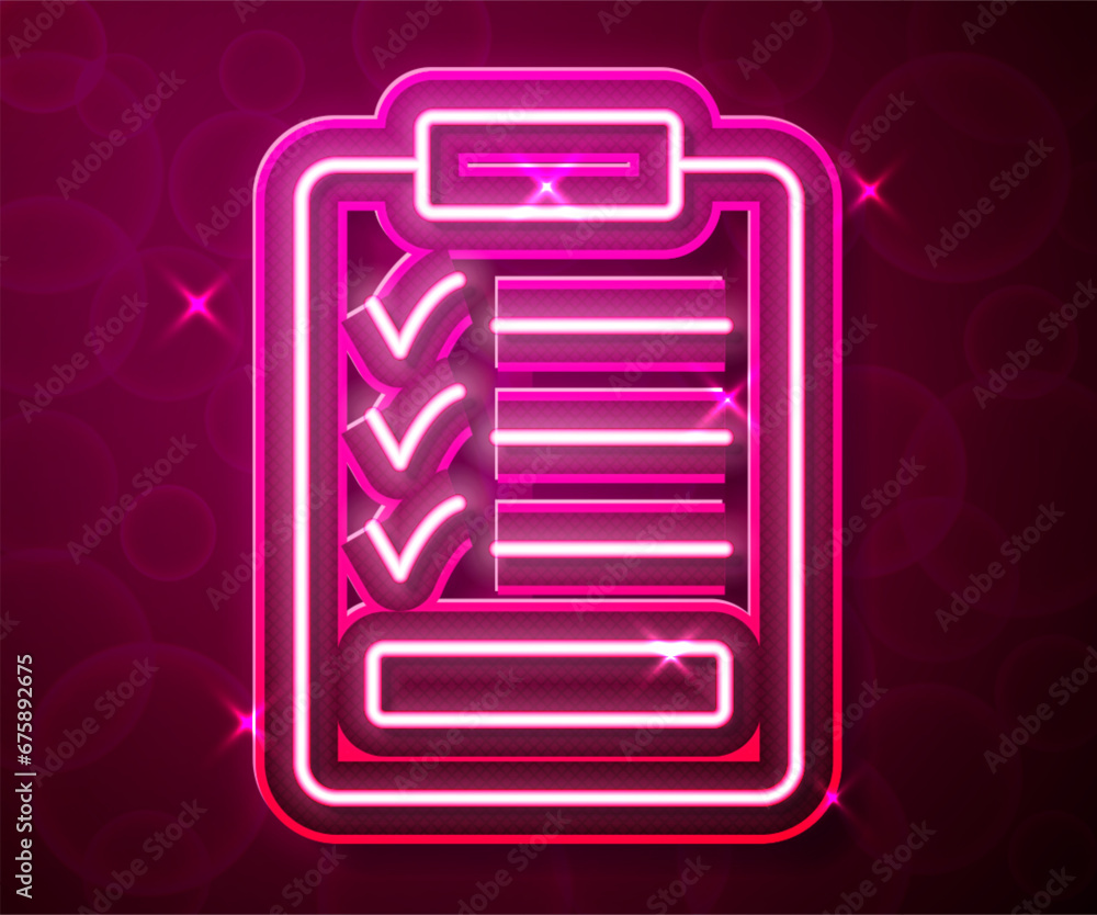 Poster glowing neon line clipboard with checklist icon isolated on red background. control list symbol. sur