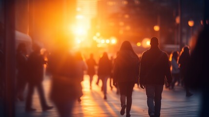 Many people walk out of work. Blurred sunset background