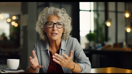 A mid-term senior female business owner is discussing a project in the office.