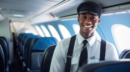 Male flight attendant Flying smiling solo in the cabin