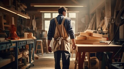 Painter, carpenter, carrying wood on his shoulder. Behind is a cabinet for storing tools