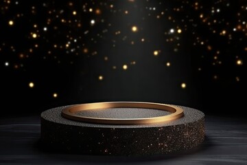 round podium for the presentation of luxury products. gold with glitter and blur dark background