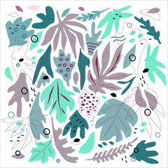 Set of abstract leaves in winter colors.Texture, line, dots and spots. Cold lilac, Pink, green, gray colors. For patterns, postcards, posters.