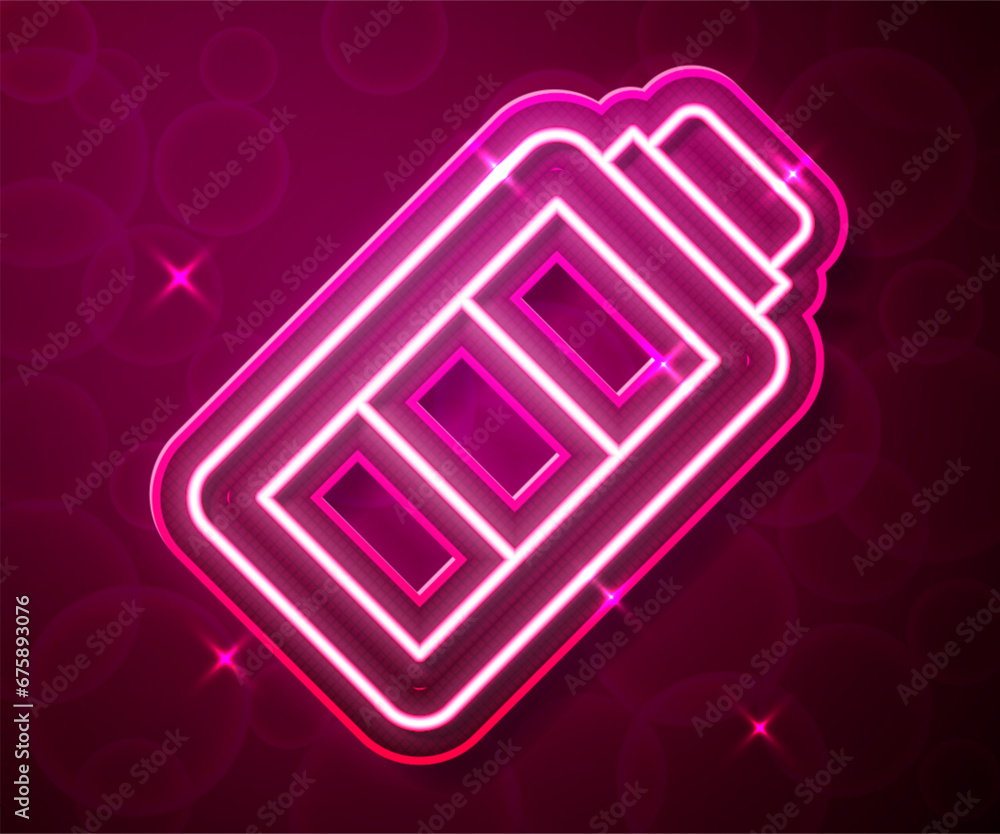 Poster glowing neon line battery charge level indicator icon isolated on red background. vector