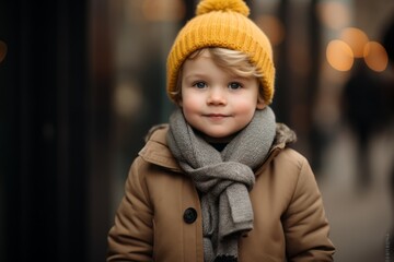 Portrait of cute little boy in warm hat and coat on blurred background
