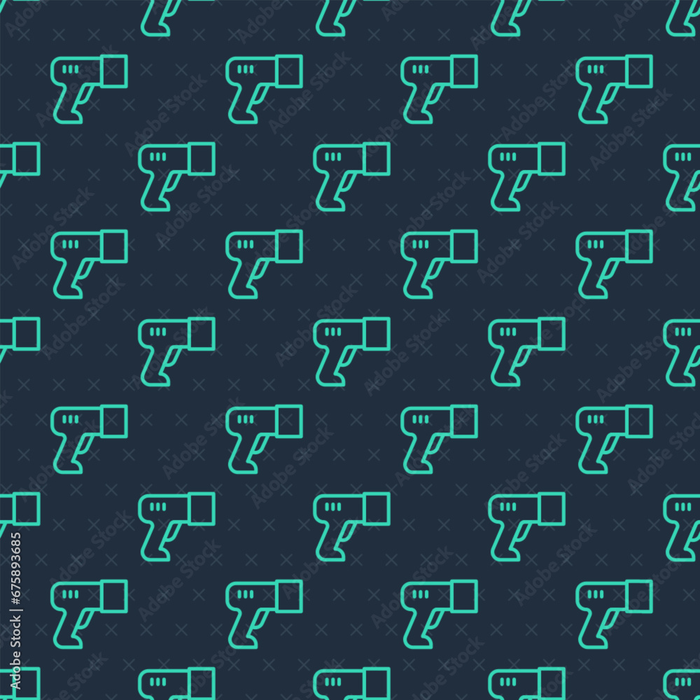 Poster green line scanner scanning bar code icon isolated seamless pattern on blue background. barcode labe