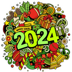 2024 doodles illustration. New Year objects and elements poster